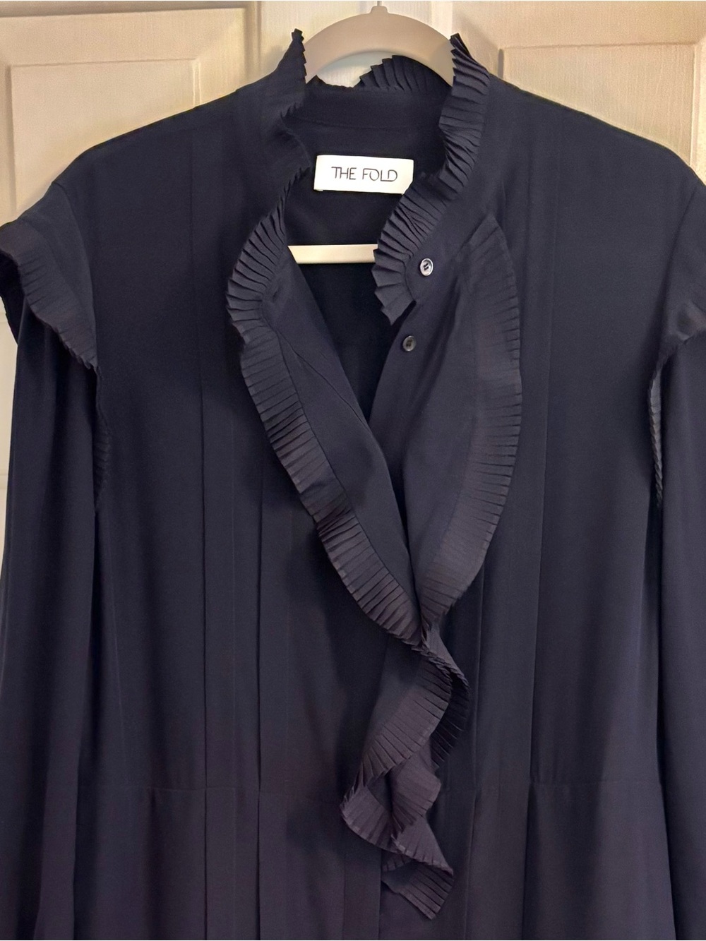The Fold London Symons Silk Midi Shirt Dress Navy Blue Pleated Ruffle Size M